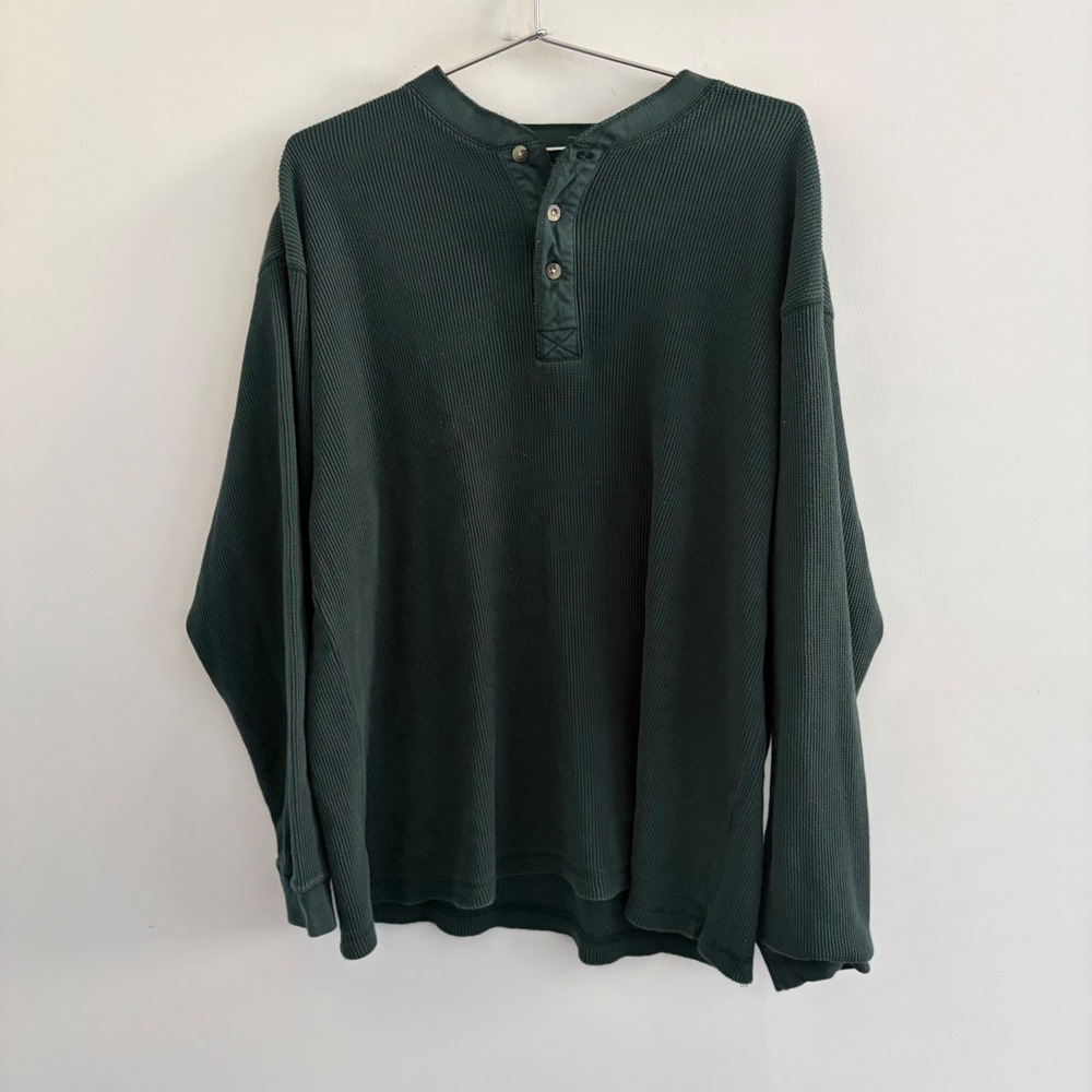 Naturalife Mens Waffle Knit Henley Shirt XL Green Long Sleeve Cotton